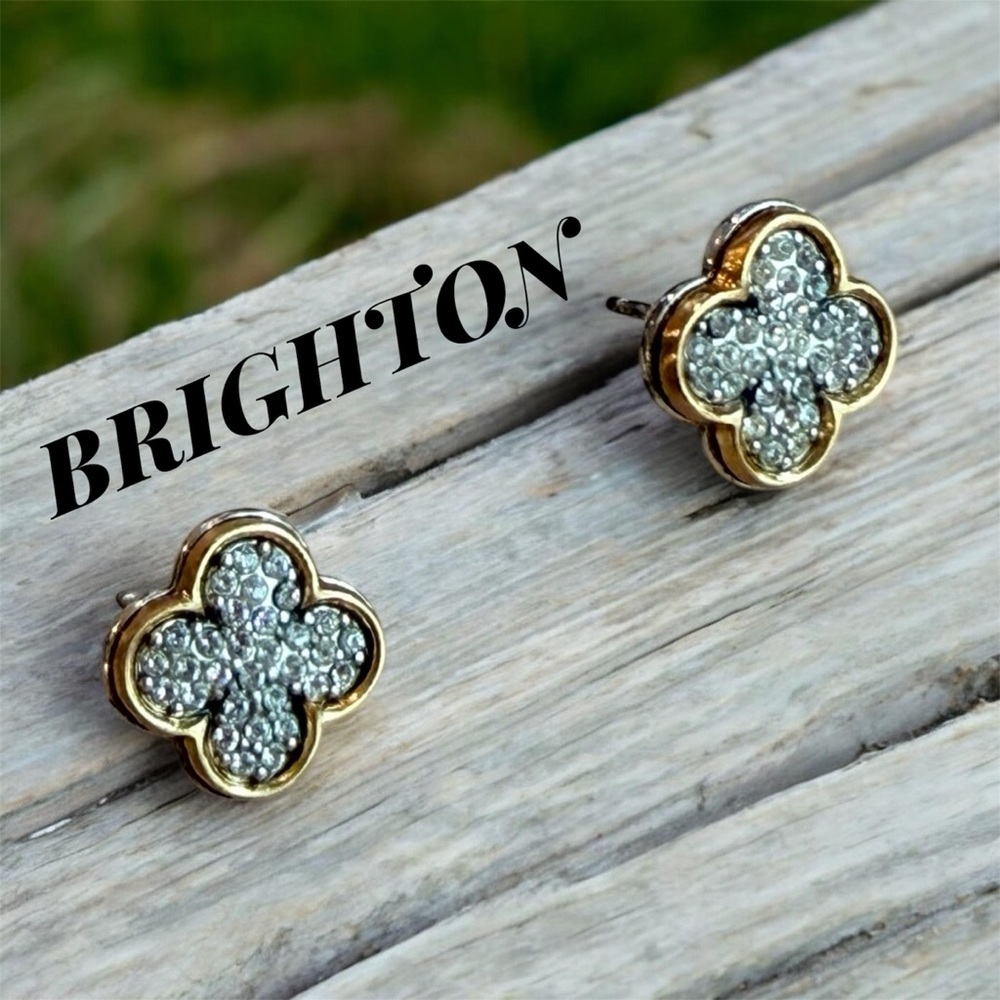 BRIGHTON Massandra Swarovski Pave Crystal Two Toned Clover Post Earrings EUC